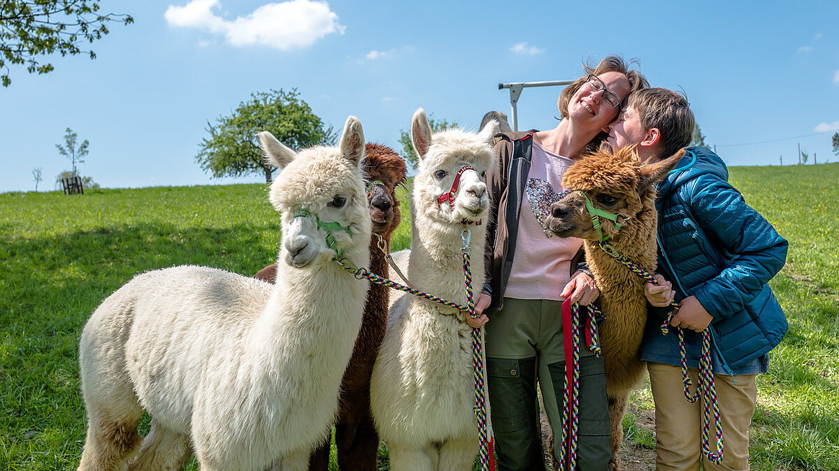 Stefanie und Simon mit Alpakas